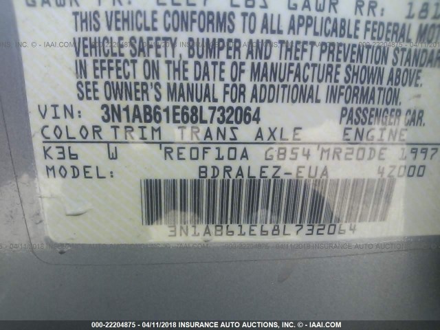 3N1AB61E68L732064 - 2008 NISSAN SENTRA 2.0/2.0S/2.0SL GRAY photo 9