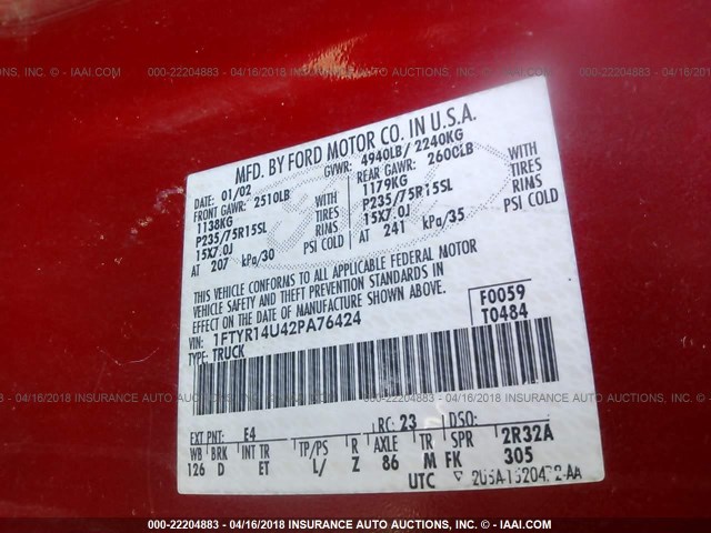 1FTYR14U42PA76424 - 2002 FORD RANGER SUPER CAB RED photo 9