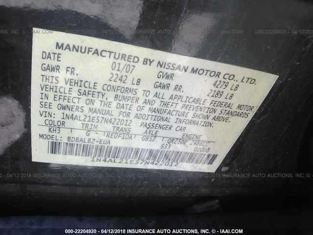 1N4AL21E57N422012 - 2007 NISSAN ALTIMA 2.5/2.5S BLACK photo 9