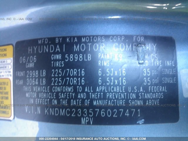 KNDMC233576027471 - 2007 HYUNDAI ENTOURAGE GLS/SE/LIMITED BLUE photo 9