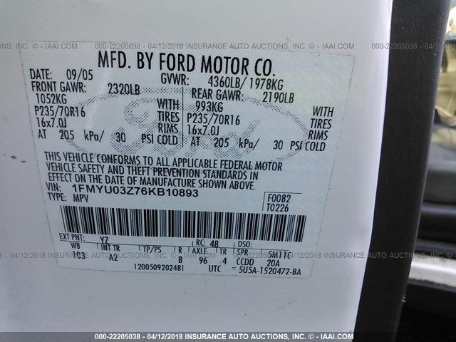 1FMYU03Z76KB10893 - 2006 FORD ESCAPE XLT თეთრი ფოტო 9