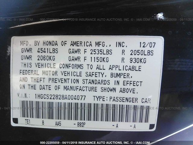 1HGCS22828A004077 - 2008 HONDA ACCORD EXL BLACK photo 9