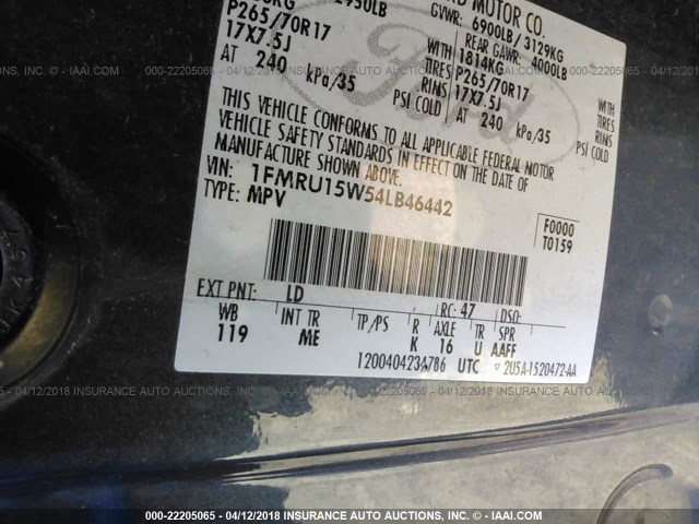 1FMRU15W54LB46442 - 2004 FORD EXPEDITION XLT ლურჯი ფოტო 9