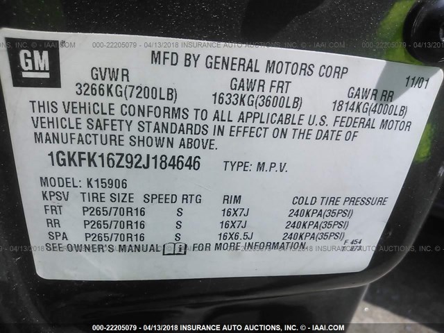 1GKFK16Z92J184646 - 2002 GMC YUKON XL K1500 GRAY photo 9