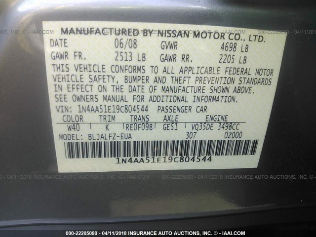 1N4AA51E19C804544 - 2009 NISSAN MAXIMA S/SV GRAY photo 9