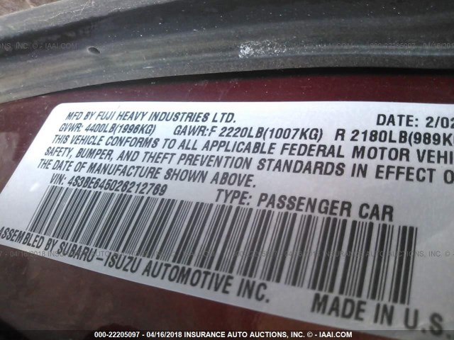 4S3BE645026212769 - 2002 SUBARU LEGACY GT RED photo 9