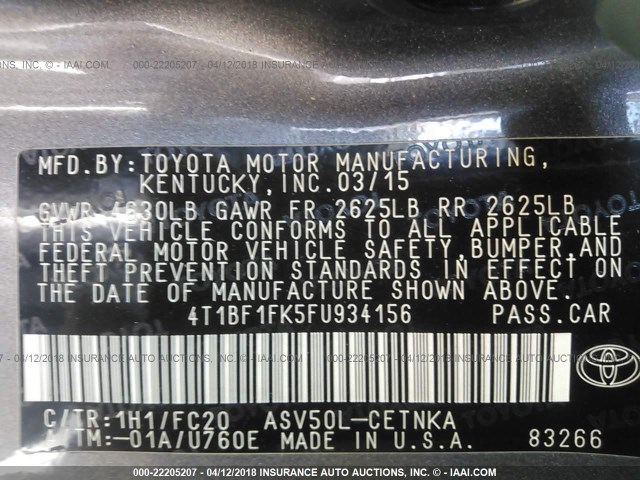 4T1BF1FK5FU934156 - 2015 TOYOTA CAMRY LE/XLE/SE/XSE GRAY photo 9