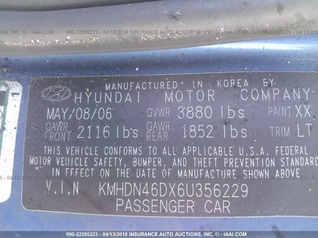 KMHDN46DX6U356229 - 2006 HYUNDAI ELANTRA GLS/GT/LIMITED BLUE photo 9