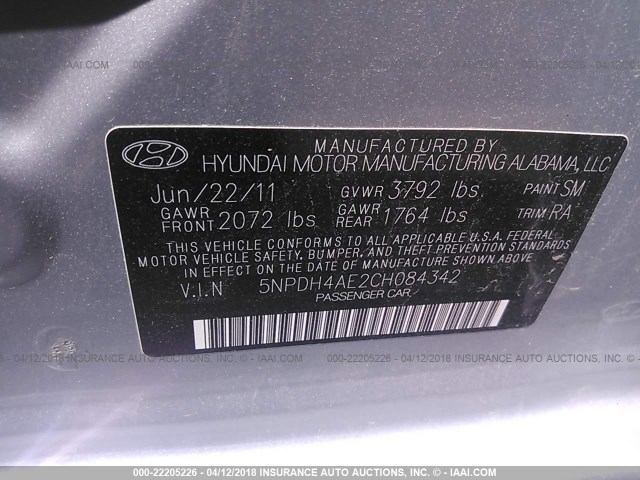 5NPDH4AE2CH084342 - 2012 HYUNDAI ELANTRA GLS/LIMITED SILVER photo 9