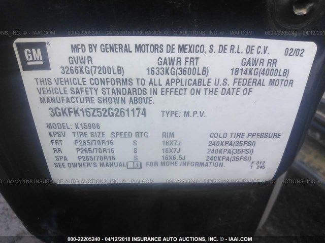 3GKFK16Z52G261174 - 2002 GMC YUKON XL K1500 BLUE photo 9