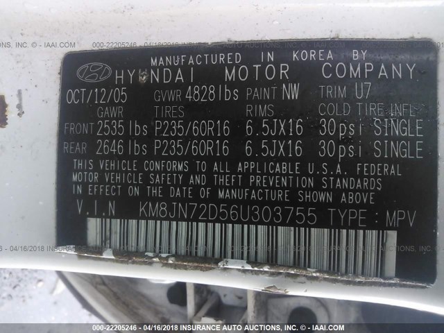 KM8JN72D56U303755 - 2006 HYUNDAI TUCSON GLS/LIMITED WHITE photo 9