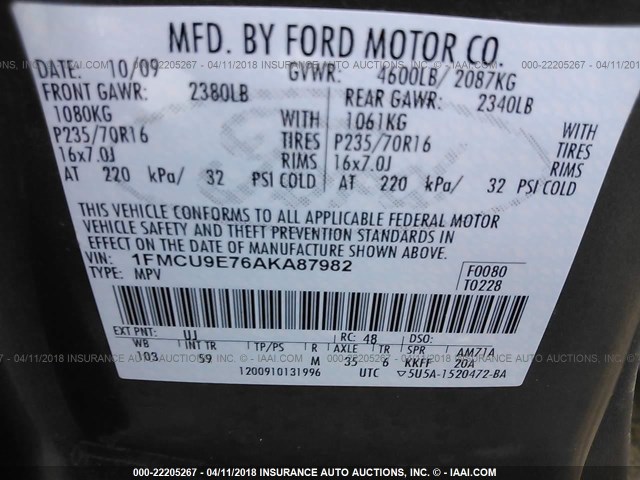 1FMCU9E76AKA87982 - 2010 FORD ESCAPE LIMITED GRAY photo 9