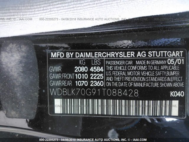 WDBLK70G91T088428 - 2001 MERCEDES-BENZ CLK 430 BLACK photo 9