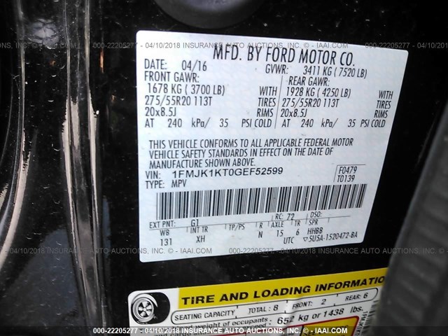 1FMJK1KT0GEF52599 - 2016 FORD EXPEDITION EL LIMITED BLACK photo 9