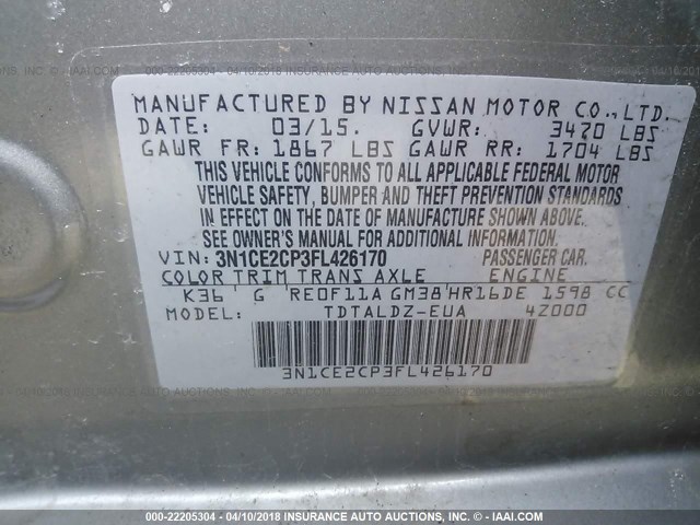 3N1CE2CP3FL426170 - 2015 NISSAN VERSA NOTE S/S PLUS/SV/SL/SR GRAY photo 9