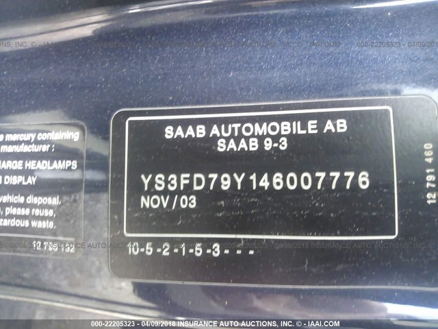 YS3FD79Y146007776 - 2004 SAAB 9-3 BLUE photo 9