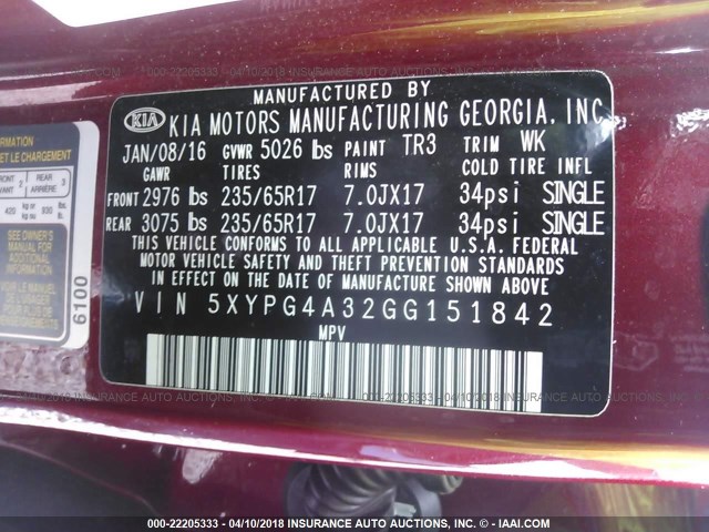 5XYPG4A32GG151842 - 2016 KIA SORENTO LX/L RED photo 9