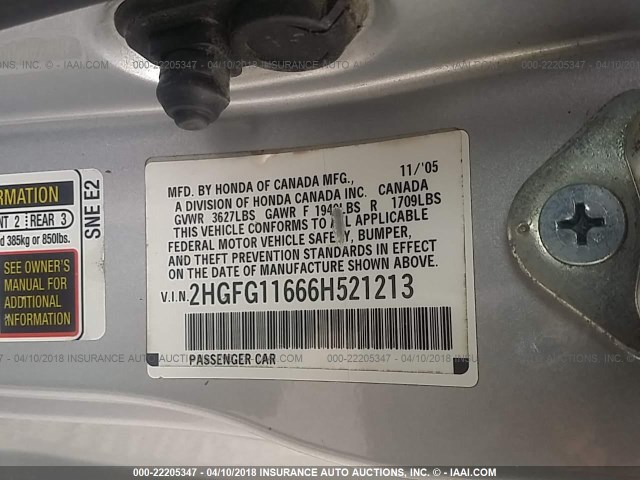 2HGFG11666H521213 - 2006 HONDA CIVIC LX SILVER photo 9