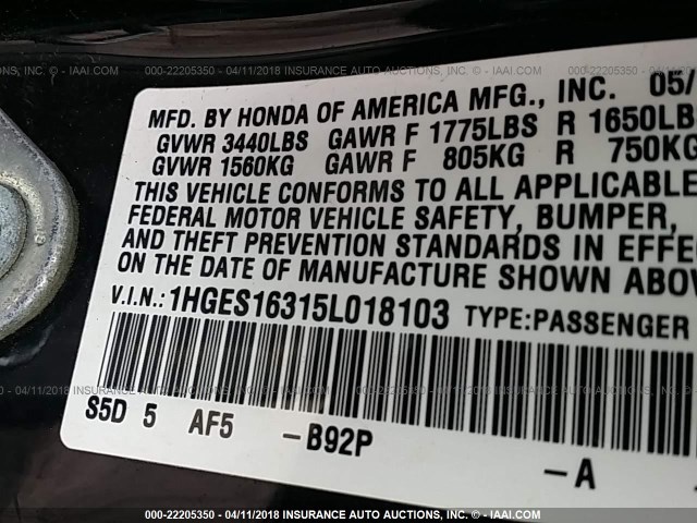 1HGES16315L018103 - 2005 HONDA CIVIC DX VP BLACK photo 9