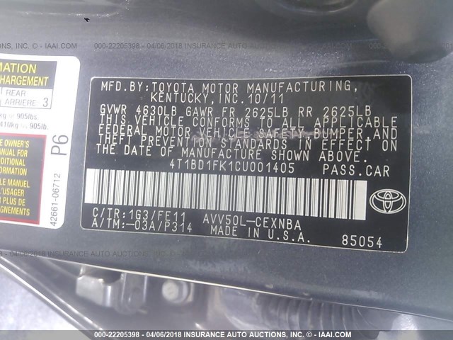 4T1BD1FK1CU001405 - 2012 TOYOTA CAMRY HYBRID/LE/XLE GRAY photo 9