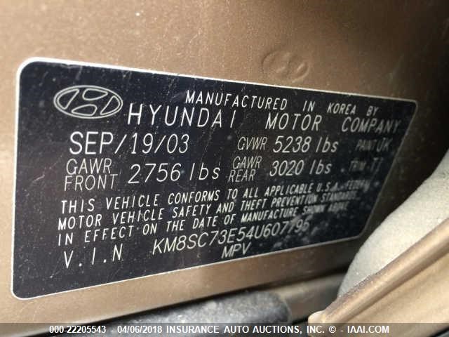 KM8SC73E54U607795 - 2004 HYUNDAI SANTA FE GLS/LX TAN photo 9