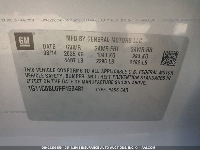 1G11C5SL6FF153481 - 2015 CHEVROLET MALIBU 1LT 银色 照片 9