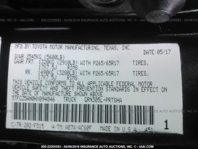 5TFCZ5AN0HX094846 - 2017 TOYOTA TACOMA DBL CAB/SR/TRDSPT/OR/PRO შავი ფოტო 9