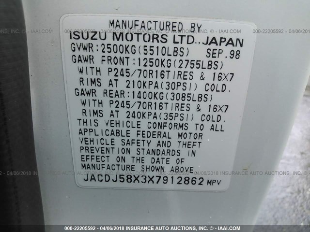 JACDJ58X3X7912862 - 1999 ISUZU TROOPER S WHITE photo 9