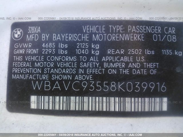 WBAVC93558K039916 - 2008 BMW 328 XI WHITE photo 9