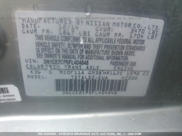 3N1CE2CP5FL404848 - 2015 NISSAN VERSA NOTE S/S PLUS/SV/SL/SR GRAY photo 9