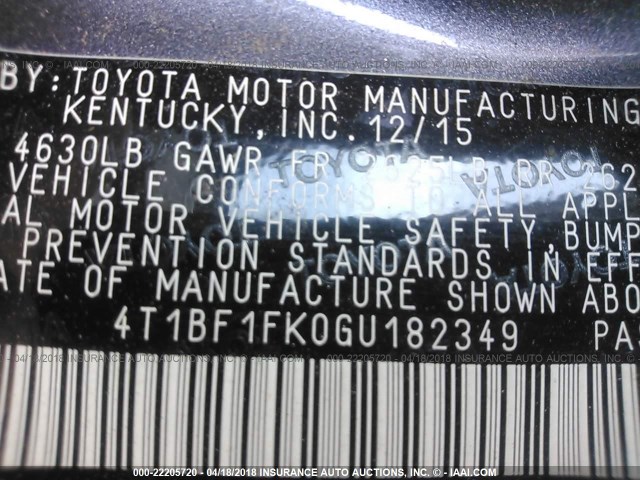 4T1BF1FK0GU182349 - 2016 TOYOTA CAMRY LE/XLE/SE/XSE GRAY photo 9