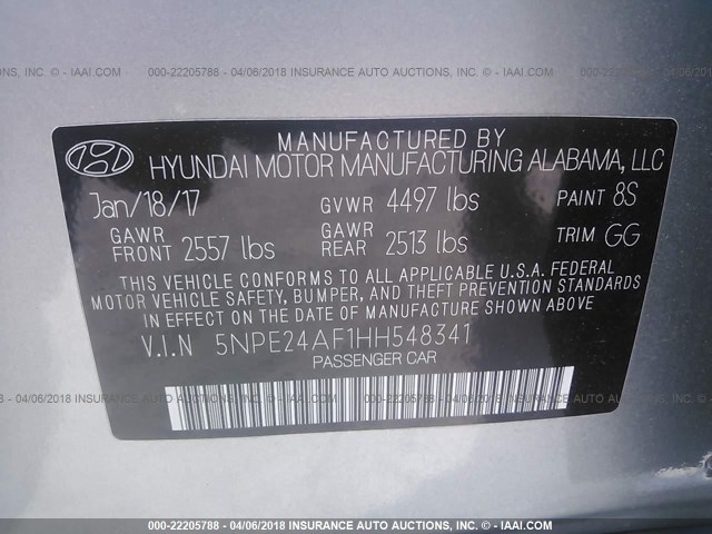 5NPE24AF1HH548341 - 2017 HYUNDAI SONATA SE SILVER photo 9