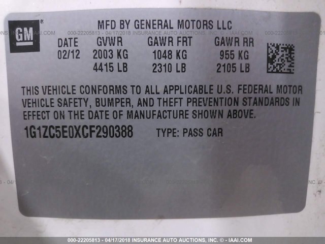 1G1ZC5E0XCF290388 - 2012 CHEVROLET MALIBU 1LT 白色 照片 9