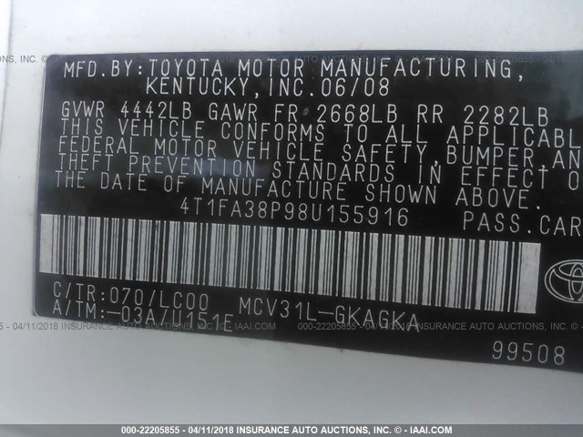 4T1FA38P98U155916 - 2008 TOYOTA CAMRY SOLARA SE/SLE/SPORT WHITE photo 9