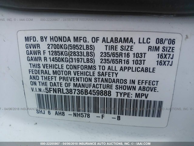 5FNRL38736B459888 - 2006 HONDA ODYSSEY EXL თეთრი ფოტო 9