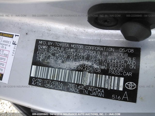 JTDBL40E89J025108 - 2009 TOYOTA COROLLA LE/XLE SILVER photo 9