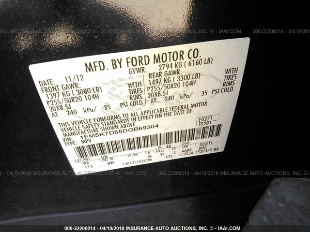 1FM5K7D85DGB69304 - 2013 FORD EXPLORER XLT BLACK photo 9