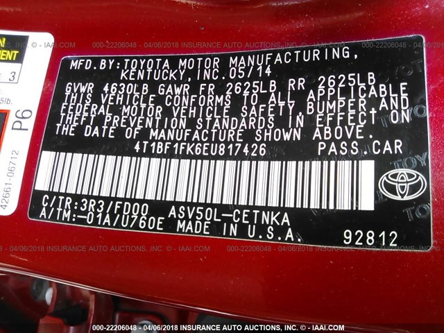 4T1BF1FK6EU817426 - 2014 TOYOTA CAMRY L/SE/LE/XLE 红色 照片 9