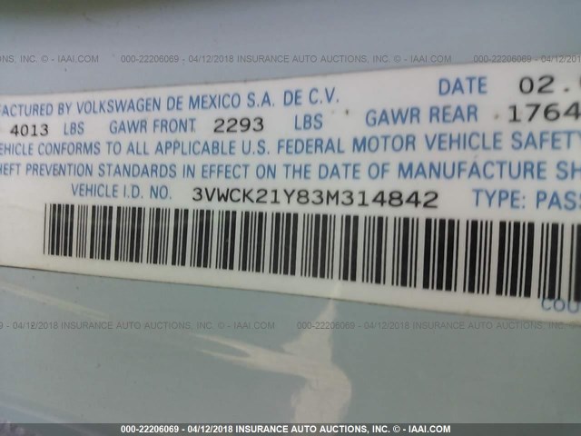 3VWCK21Y83M314842 - 2003 VOLKSWAGEN NEW BEETLE GLS 蓝色 照片 9