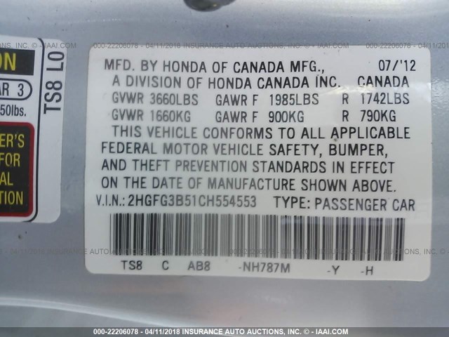 2HGFG3B51CH554553 - 2012 HONDA CIVIC LX BLUE photo 9