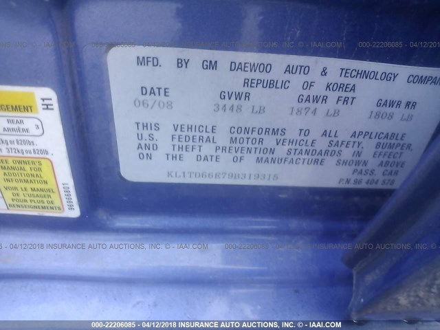 KL1TD66E79B319315 - 2009 CHEVROLET AVEO LS/LT 蓝色 照片 9