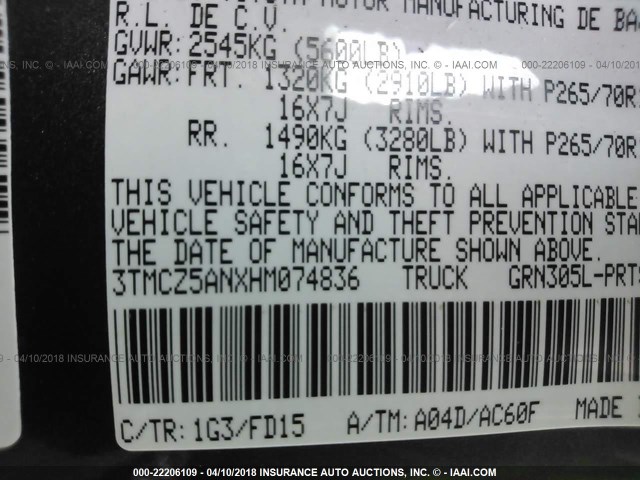 3TMCZ5ANXHM074836 - 2017 TOYOTA TACOMA DBL CAB/SR/TRDSPT/OR/PRO ნაცრისფერი ფოტო 9