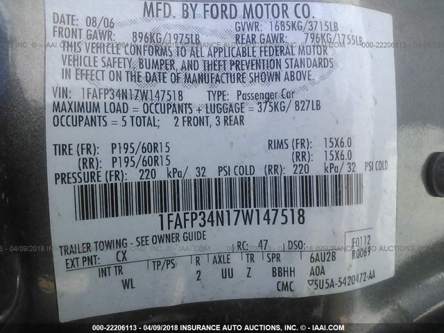 1FAFP34N17W147518 - 2007 FORD FOCUS ZX4/S/SE/SES GRAY photo 9