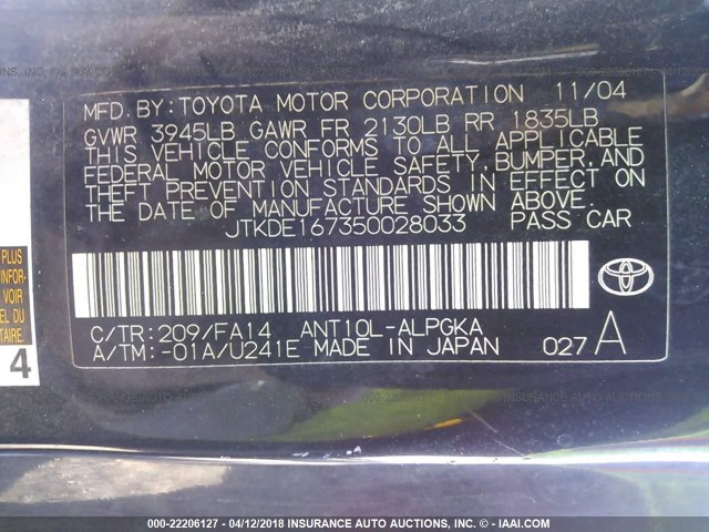 JTKDE167350028033 - 2005 TOYOTA SCION TC 黑色 照片 9