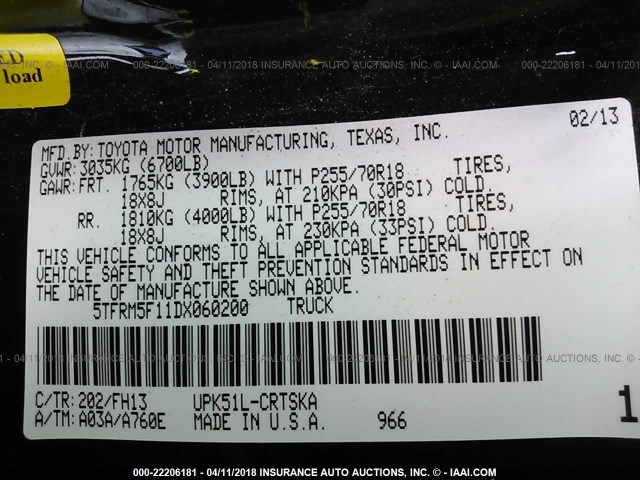 5TFRM5F11DX060200 - 2013 TOYOTA TUNDRA DOUBLE CAB SR5 BLACK photo 9