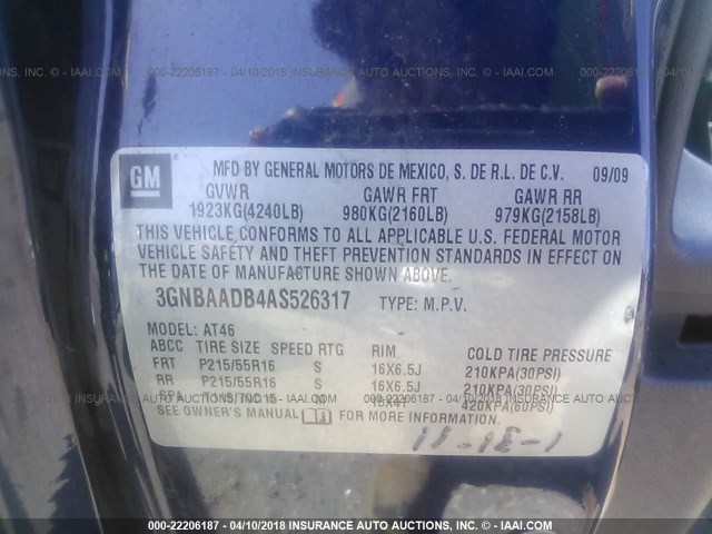 3GNBAADB4AS526317 - 2010 CHEVROLET HHR LS BLUE photo 9