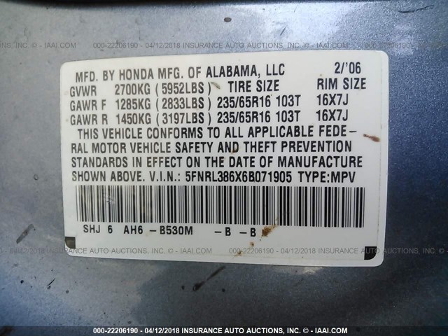 5FNRL386X6B071905 - 2006 HONDA ODYSSEY EXL BLUE photo 9