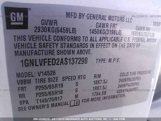 1GNLVFED2AS137290 - 2010 CHEVROLET TRAVERSE LT WHITE photo 9