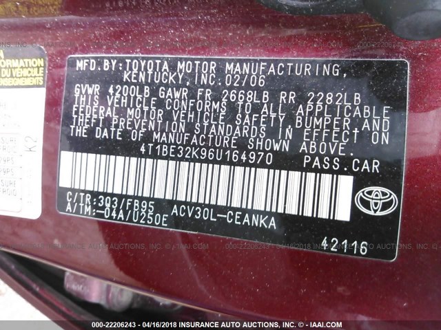 4T1BE32K96U164970 - 2006 TOYOTA CAMRY LE/XLE/SE Марун фото 9