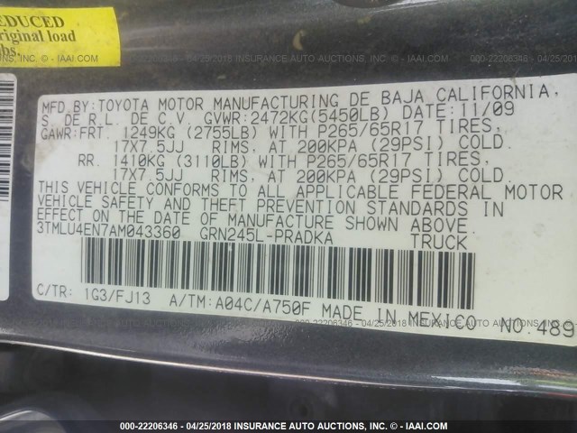 3TMLU4EN7AM043360 - 2010 TOYOTA TACOMA DOUBLE CAB ნაცრისფერი ფოტო 9